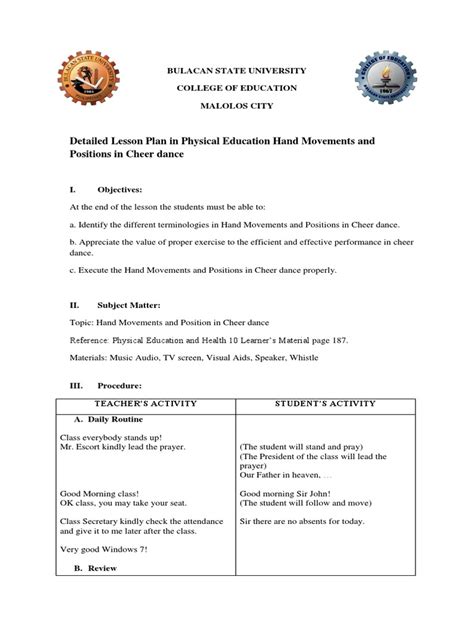 detailed lesson plan in cheerdance|(DOC) A Detailed Lesson Plan in Physical Education .